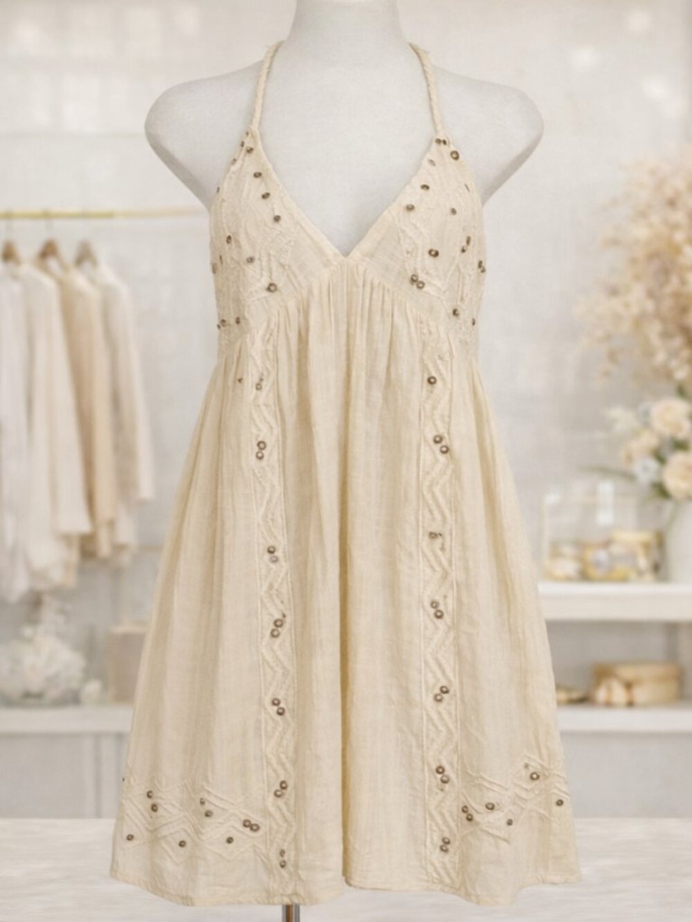 Zara Cream Cotton Halter Dress Braided Strap Boho Earthy Festival Cottagecore